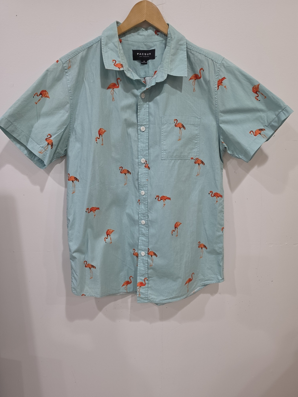 PacSun Light Aqua Short-Sleeve Flamingo Print Button-Up Shirt Size M